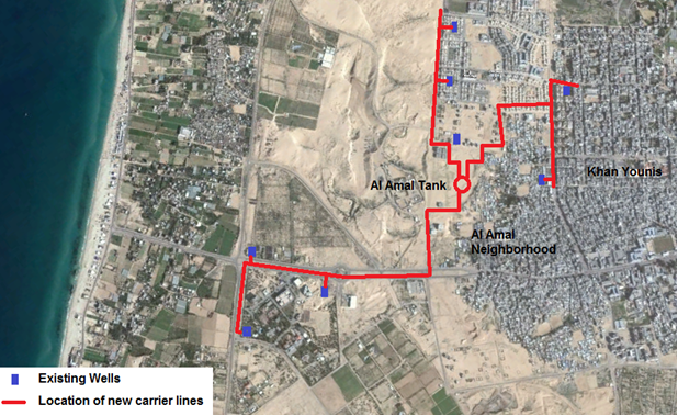 Map showing existing wells, Al Amal Tank and proposed carrier lines in Khan Younis