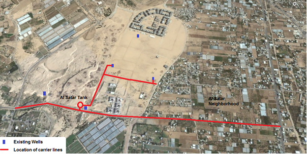 Map showing existing wells, Al Satar Tank and carrier lines in Al Satar neighborhood